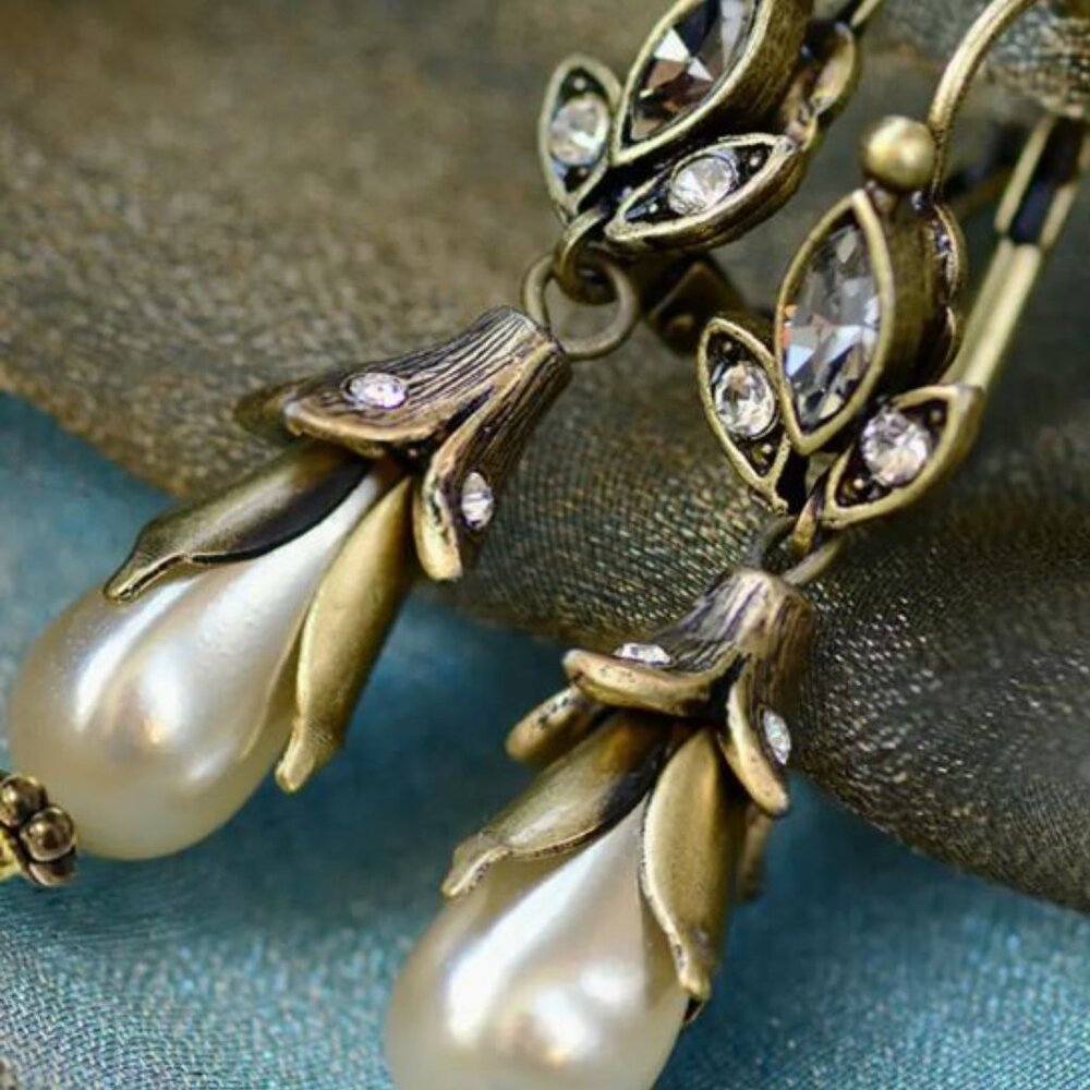 NEW Art Nouveau Antique Gold Pearl Drop Earrings - Picture 3 of 4